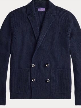 NWT Ralph Lauren Purple Label Double-Breasted Navy Ribbed Knit Cardigan